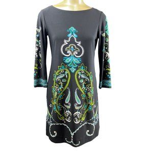 womens london times sz 4 black green blue long sleeve paisely shift dress